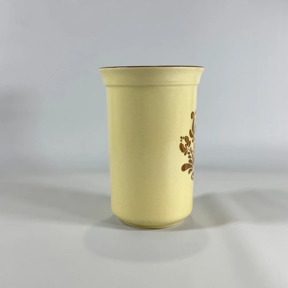 VTG Pfaltzgraff Village Stoneware Crock Utensil Holder Vase Tan Brown Floral USA
